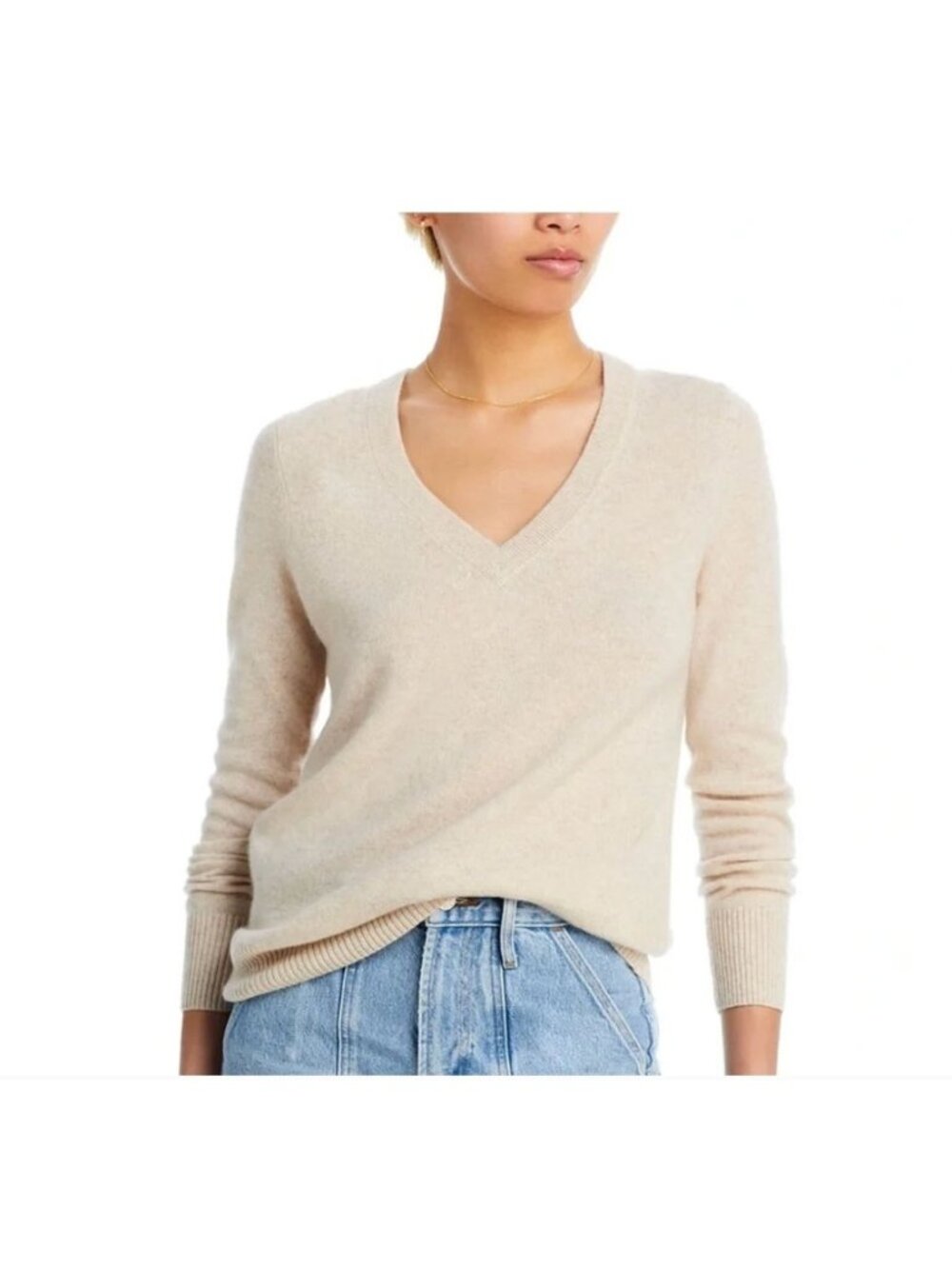 Aqua Cashmere Beige V-Neck Sweater Womens Medium 100% Cashmere Classic Pullover